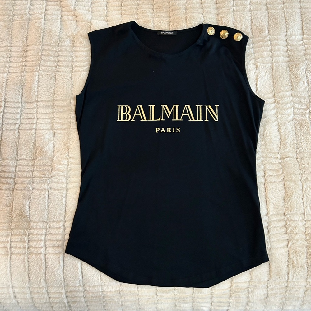 BALMAIN BLACK LOGO TANK WITH GOLD BUTTONS
